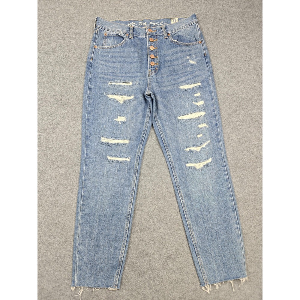 We The Free Mom Jeans Womens 28 Blue Wash High Rise Button Fly Distressed Denim
